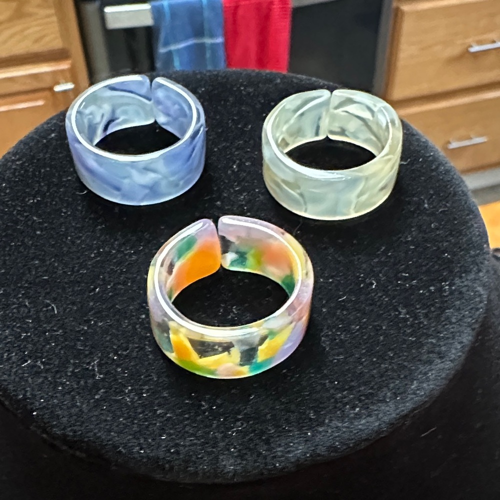 Set of Three Colorful Resin Rings with Open Backs. Size 8-ish